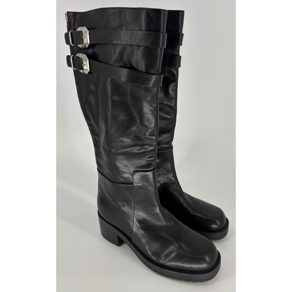 Marc Fisher Dariya Knee High Boots Black Women Size 9.5 Leather Buckles Lug Sole